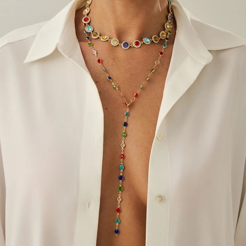Cleavage Necklace Set Two Multicolor Rhinestone Necklaces - Picture 1 of 7
